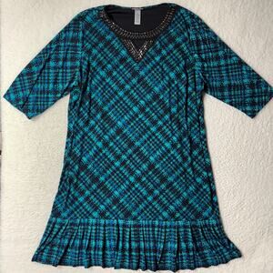 Catherines Dress Womens 3X Plaid Midi Ruffle Hem Shift Rhinestones Office Teal